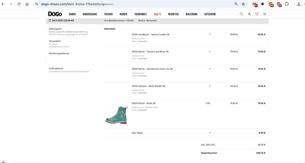 Bestellvorgang vegane schuhe dogo 