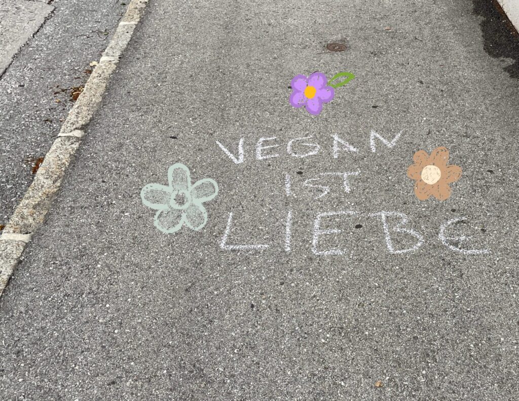 vegan ist liebe kreide malerei auf der strasse und bunten blumen dazu 