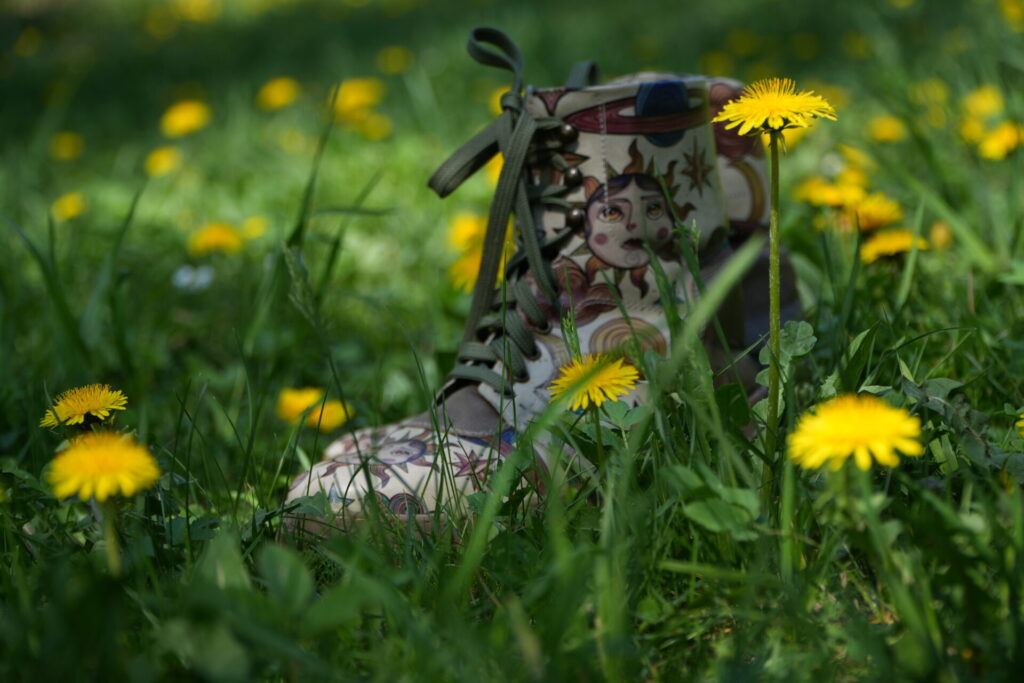 bunten sneaker boots stiefel vegan dogo fröflich bunt sonne ond braun in löwenzahnbett 